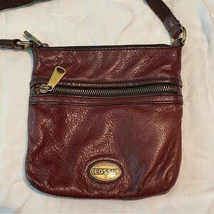 Fossil Tan Leather Crossbody Bag with Gold Logo